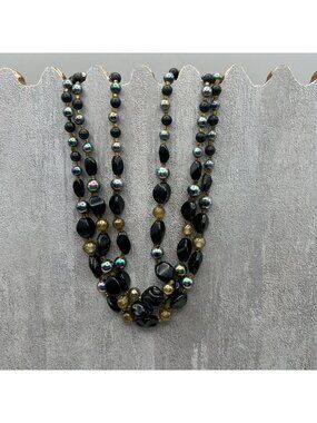Black & Gold Multi-Strand Beaded Necklace With Iridescent Accents